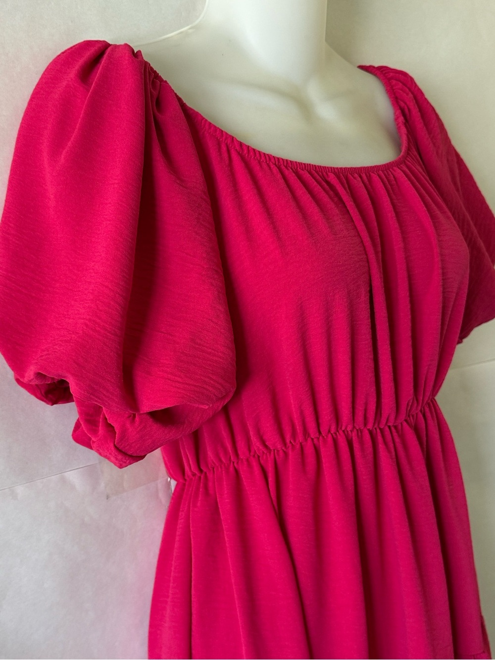 See You Monday Hot Pink Tiered Midi Dress Size L Puff Sleeve Romantic Cottage - Picture 5 of 12